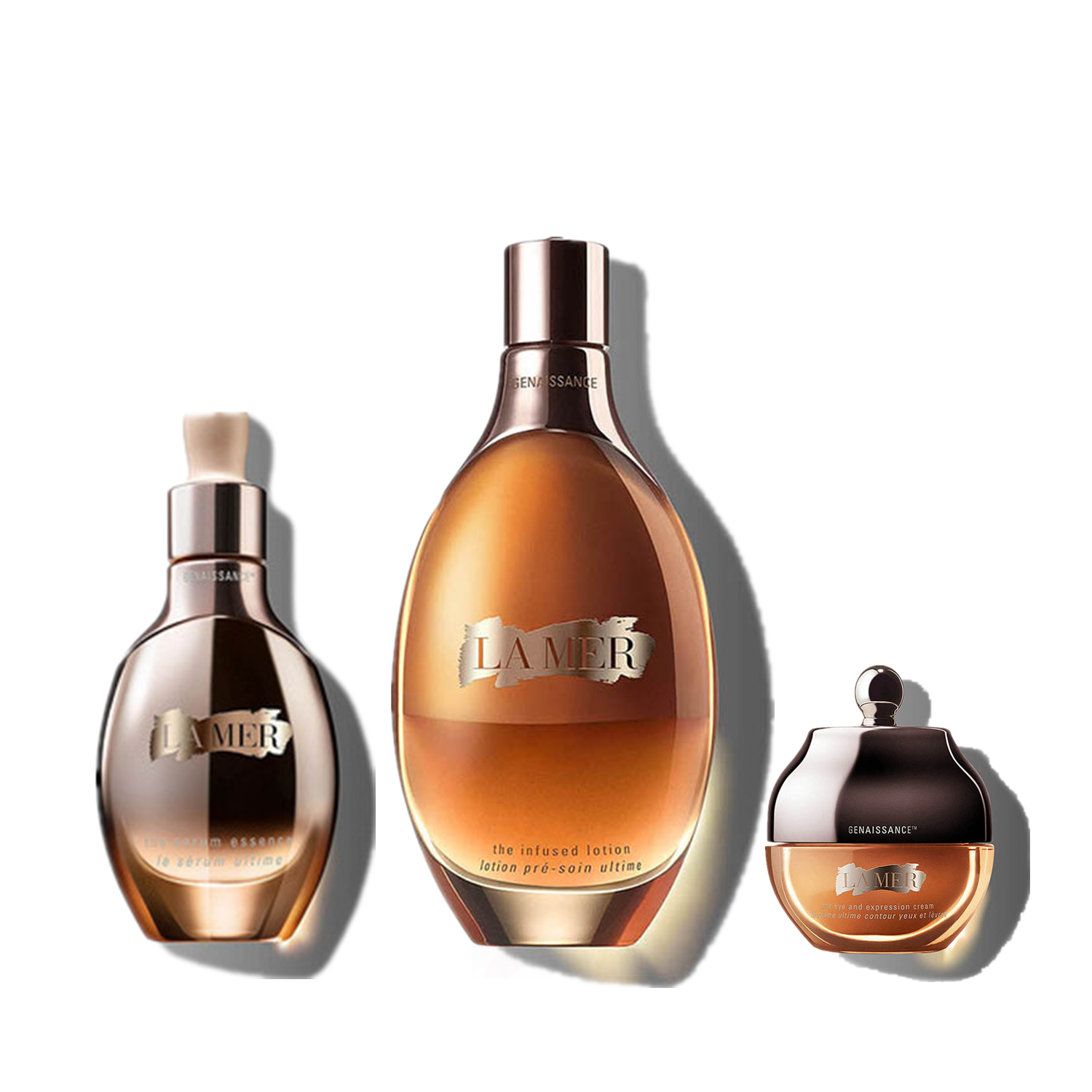 YATA 一田丨現代日式生活百貨【重磅福利激殺搶購】 LA MER 鎏金煥膚三件套 The Serum Essence鎏金煥膚精華30ml/The Infused Lotion鎏金煥膚修護液150ml/The Eye and Expression Cream鎏金煥膚全效修復眼霜15ml。體驗Genaissance de la Mer™鎏金煥膚系列，以Crystal Miracle Broth™ 鎏金煥膚精華跨越時限、逆轉肌齡。夜復夜，見證肌膚一覺醒來更亮澤緊緻、如獲新生，顯著抹走細紋、皺紋所有歲月痕跡。著抹走細紋、皺紋所有歲月痕跡。